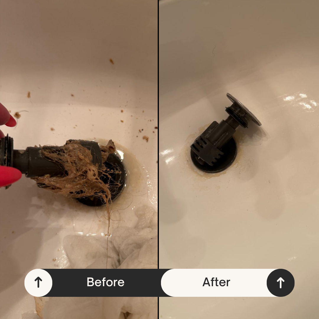 Before and after drain cleaning showing removal of hair and debris buildup