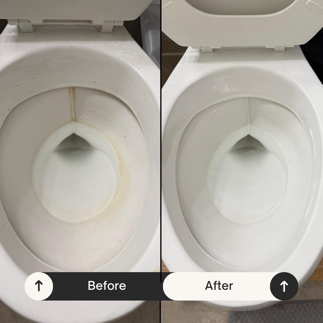 Before and after toilet cleaning comparison showing dramatic improvement